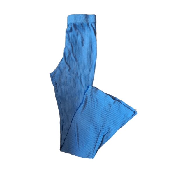 Blue soft, ribbed high-waisted flare pants - Picture 1 of 9